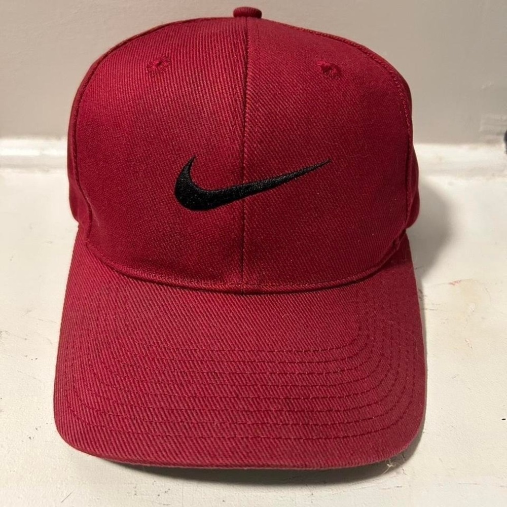 Vintage 90s Nike white tag burgundy red classic swoosh wool SnapBack hat cap